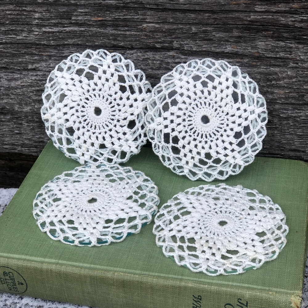 Set of 4 Lace and Glass crochet coasters delicate Boho white Shabby chic vintage